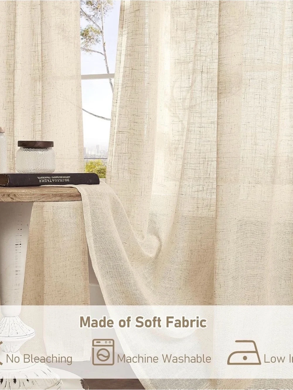 Natural Linen Blended Curtains 2 Panels Semi Sheer Light Filtering 52 x 120 Inch